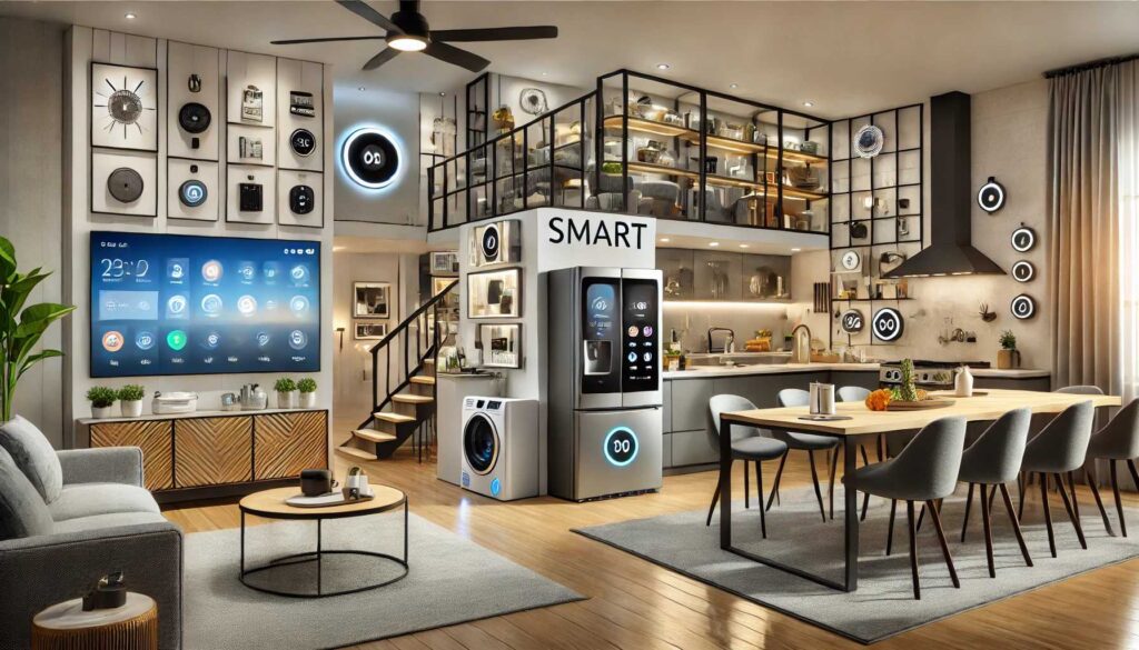 Smart home interior showing smart devices in kitchen, bedroom, living room, bathroom, and garage